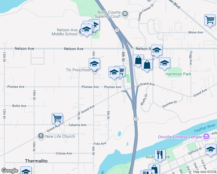 map of restaurants, bars, coffee shops, grocery stores, and more near 2620 5th Street in Oroville