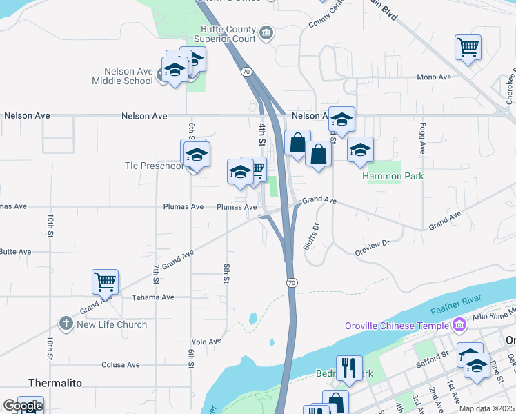 map of restaurants, bars, coffee shops, grocery stores, and more near Plumas Avenue in Oroville