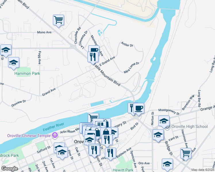 map of restaurants, bars, coffee shops, grocery stores, and more near 9 Table Mountain Boulevard in Oroville