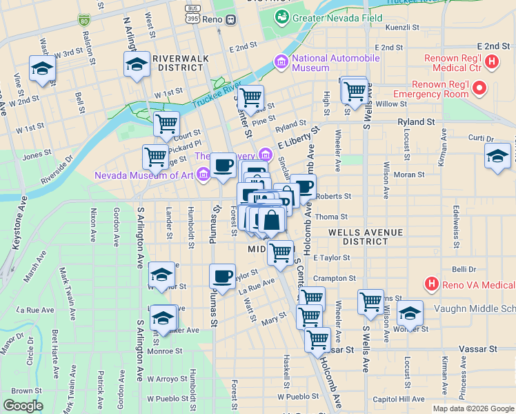 map of restaurants, bars, coffee shops, grocery stores, and more near 600 South Virginia Street in Reno
