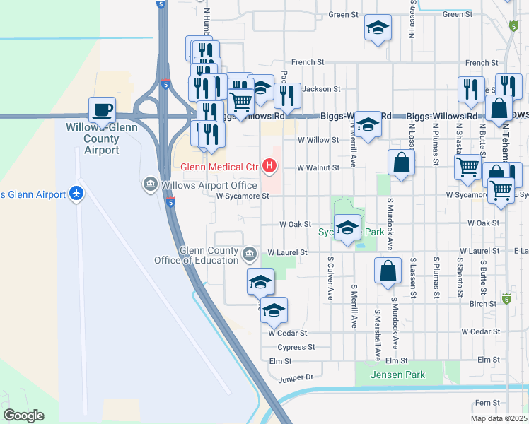 map of restaurants, bars, coffee shops, grocery stores, and more near 136 South Villa Avenue in Willows