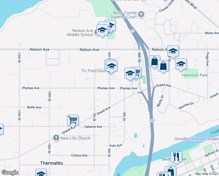 map of restaurants, bars, coffee shops, grocery stores, and more near 6th Street in Butte County