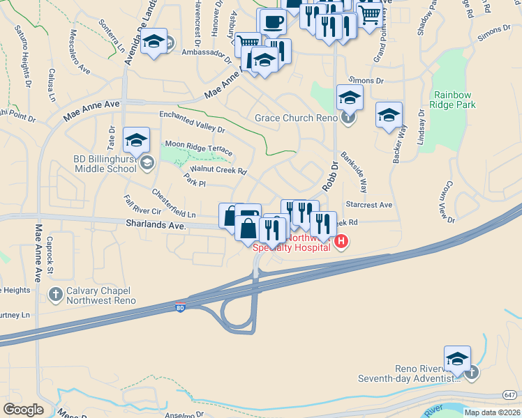 map of restaurants, bars, coffee shops, grocery stores, and more near 6224 Walnut Creek Road in Reno