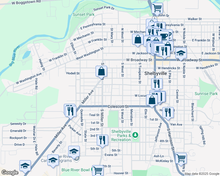 map of restaurants, bars, coffee shops, grocery stores, and more near 415 West Taylor Street in Shelbyville