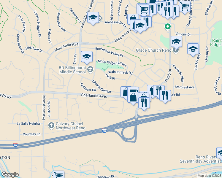 map of restaurants, bars, coffee shops, grocery stores, and more near 1109 Chesterfield Court in Reno