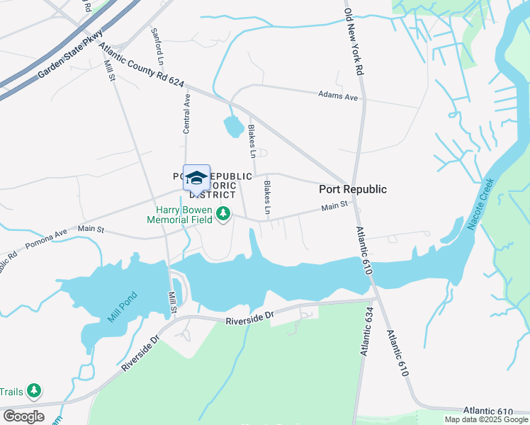 map of restaurants, bars, coffee shops, grocery stores, and more near 104 Main Street in Port Republic