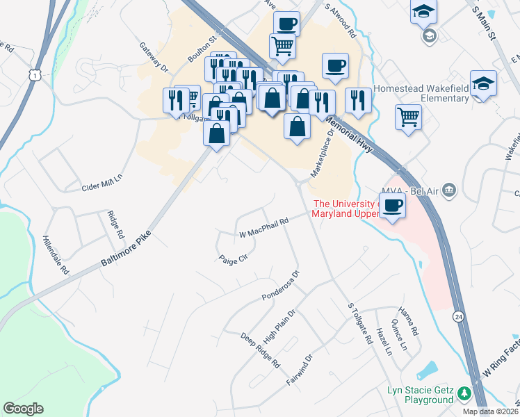 map of restaurants, bars, coffee shops, grocery stores, and more near Macphail Court North in Bel Air