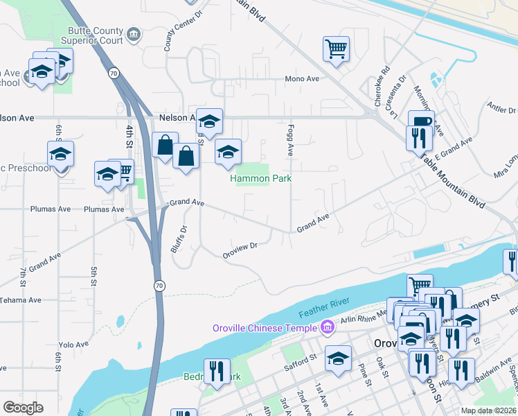 map of restaurants, bars, coffee shops, grocery stores, and more near 6 Lacy Court in Oroville
