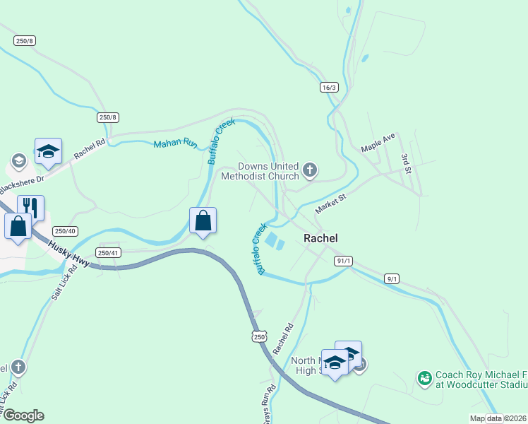 map of restaurants, bars, coffee shops, grocery stores, and more near 99 County Road 250/41 in Mannington