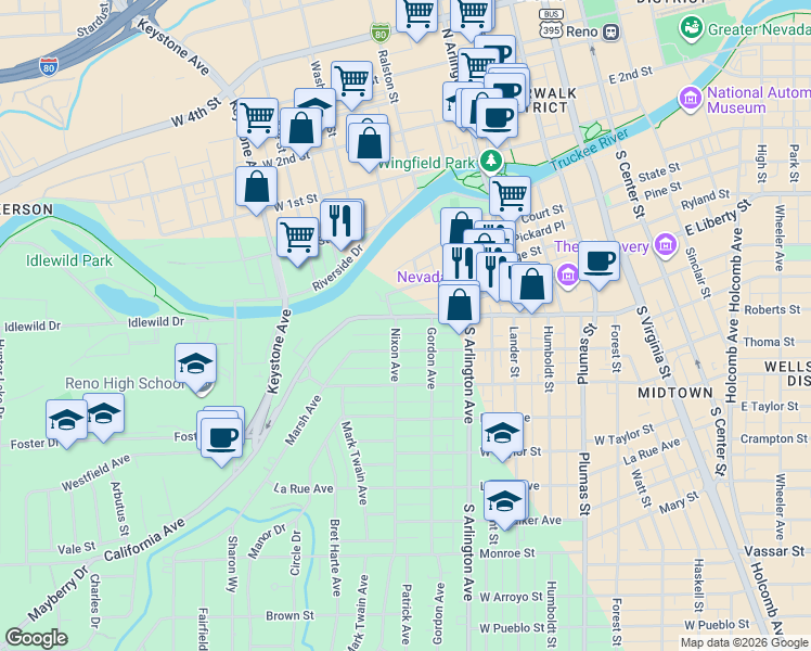 map of restaurants, bars, coffee shops, grocery stores, and more near 300 Nixon Avenue in Reno