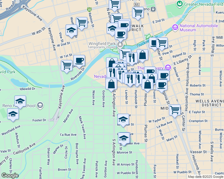 map of restaurants, bars, coffee shops, grocery stores, and more near 341 South Arlington Avenue in Reno