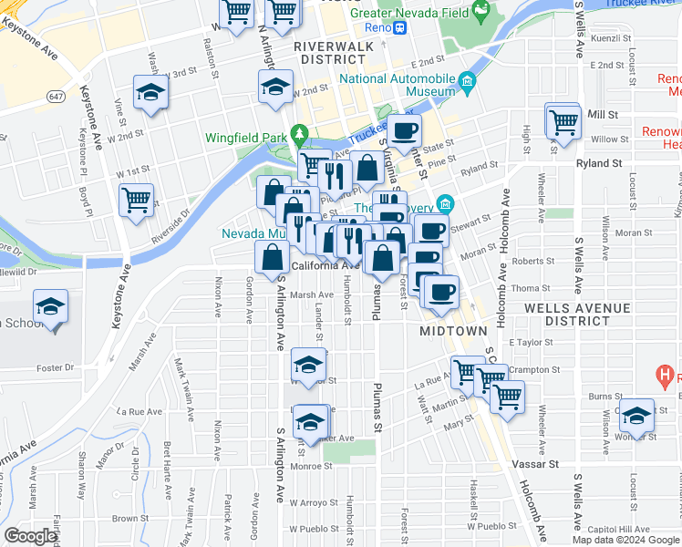 map of restaurants, bars, coffee shops, grocery stores, and more near 475 Hill Street in Reno