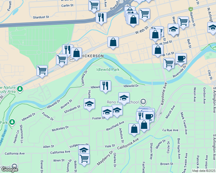 map of restaurants, bars, coffee shops, grocery stores, and more near 1922 Spoon Drive in Reno