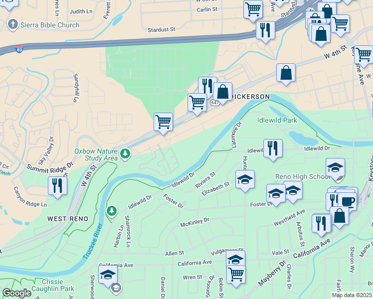 map of restaurants, bars, coffee shops, grocery stores, and more near 2500 Dickerson Road in Reno