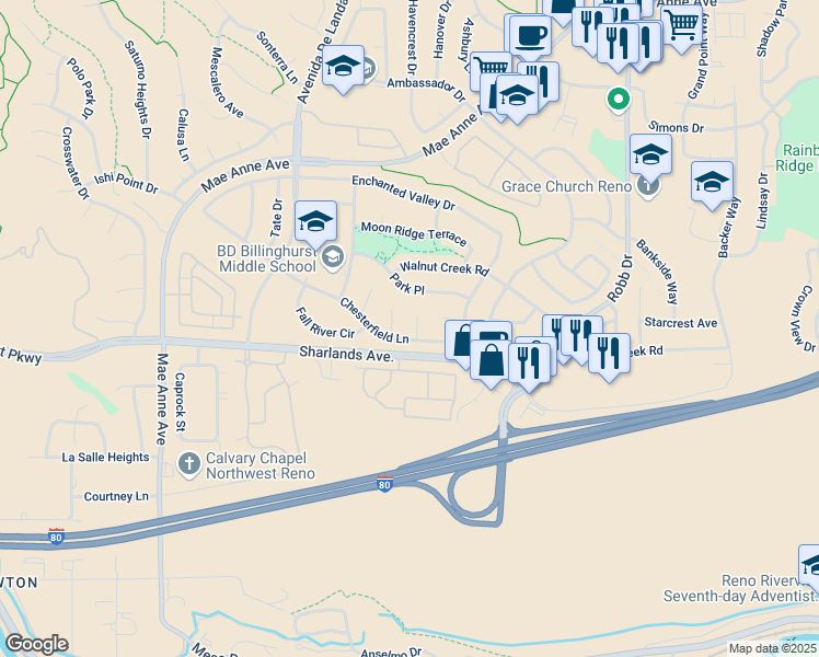 map of restaurants, bars, coffee shops, grocery stores, and more near 1109 Chesterfield Court in Reno
