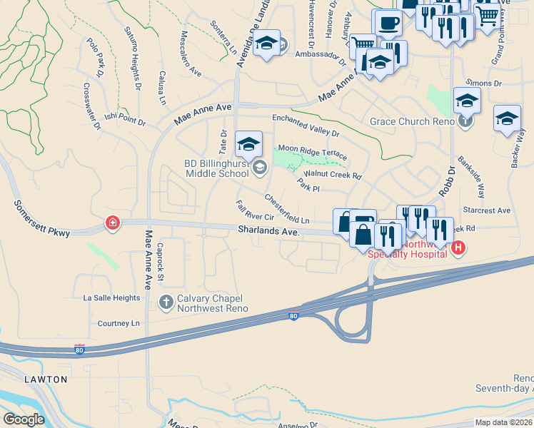 map of restaurants, bars, coffee shops, grocery stores, and more near 6608 Chesterfield Lane in Reno