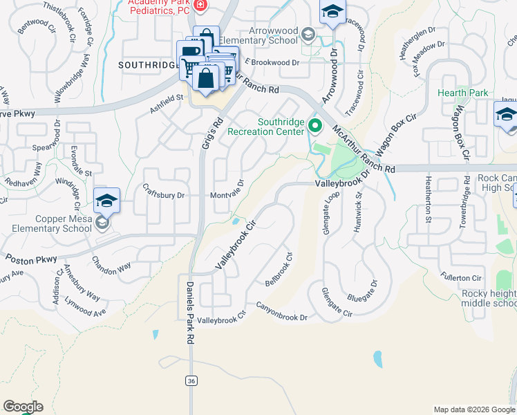 map of restaurants, bars, coffee shops, grocery stores, and more near 4968 Montvale Drive in Littleton