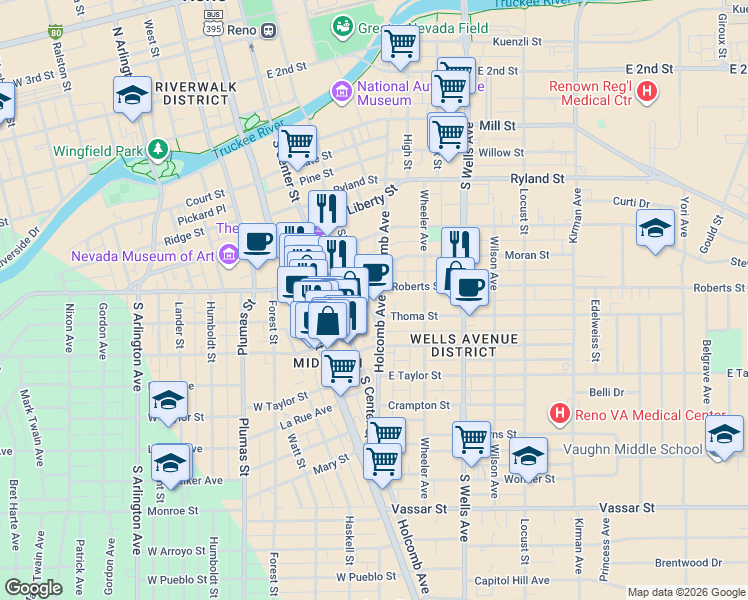 map of restaurants, bars, coffee shops, grocery stores, and more near 567 Holcomb Avenue in Reno