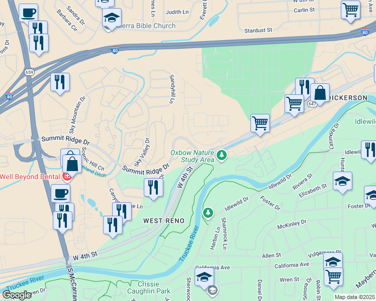 map of restaurants, bars, coffee shops, grocery stores, and more near 3001 West 4th Street in Reno