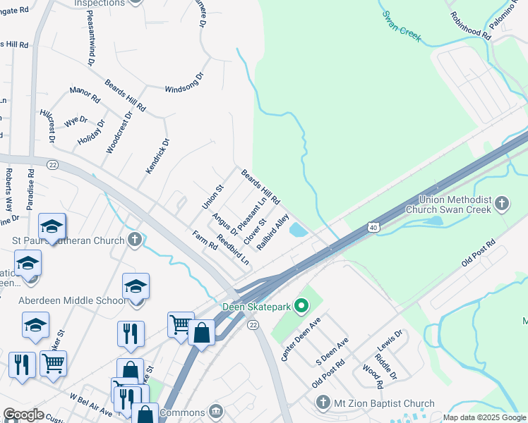 map of restaurants, bars, coffee shops, grocery stores, and more near 408 Clover Street in Aberdeen