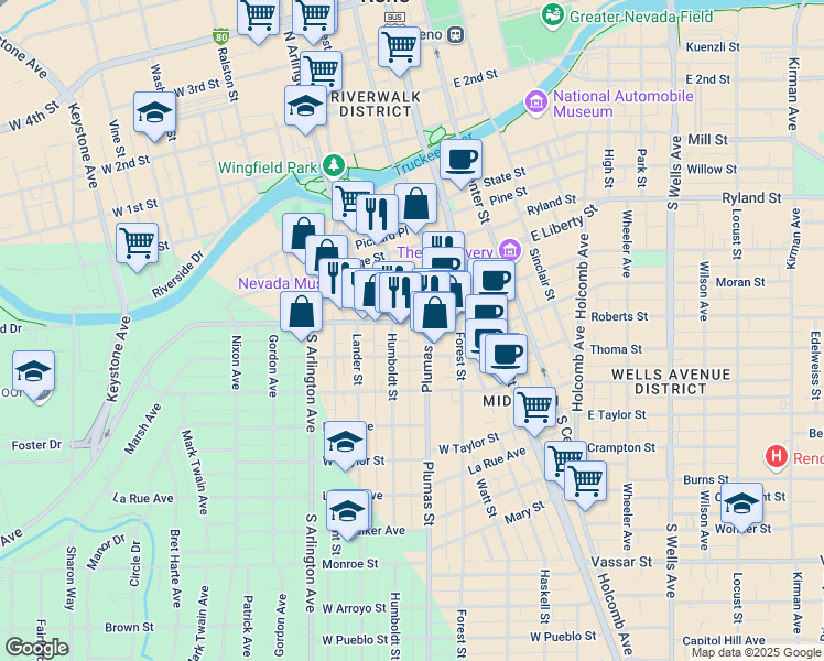 map of restaurants, bars, coffee shops, grocery stores, and more near 475 Hill Street in Reno