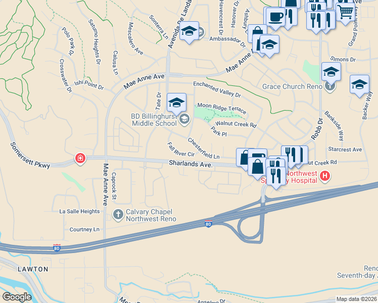 map of restaurants, bars, coffee shops, grocery stores, and more near 6608 Chesterfield Lane in Reno