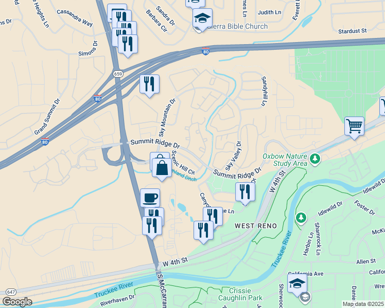 map of restaurants, bars, coffee shops, grocery stores, and more near Summit Ridge Drive in Reno