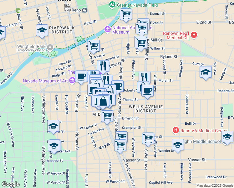 map of restaurants, bars, coffee shops, grocery stores, and more near 567 Holcomb Avenue in Reno