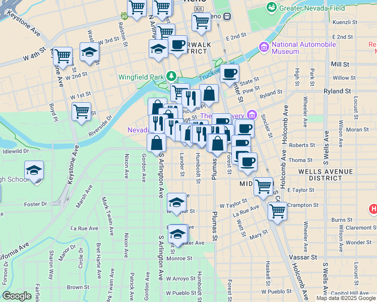 map of restaurants, bars, coffee shops, grocery stores, and more near 419 Flint Street in Reno