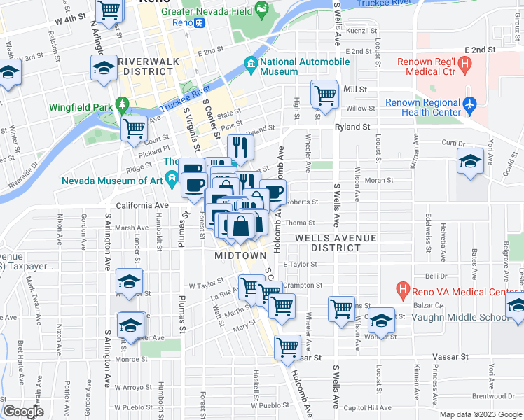 map of restaurants, bars, coffee shops, grocery stores, and more near 633 Sinclair Street in Reno