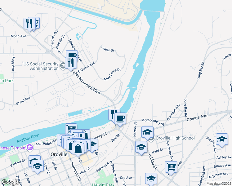map of restaurants, bars, coffee shops, grocery stores, and more near 17 Riverview Terrace Drive in Oroville