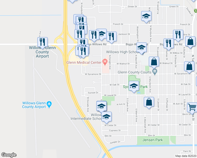 map of restaurants, bars, coffee shops, grocery stores, and more near 133 Villa Square in Willows