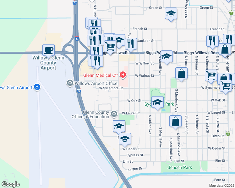map of restaurants, bars, coffee shops, grocery stores, and more near 125 Villa Court in Willows