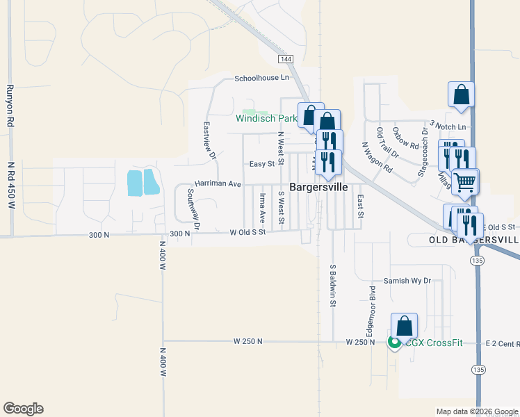 map of restaurants, bars, coffee shops, grocery stores, and more near 27 South Tresslar Avenue in Bargersville
