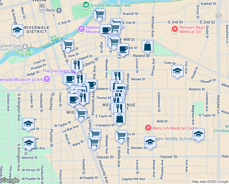 map of restaurants, bars, coffee shops, grocery stores, and more near 451 Roberts Street in Reno