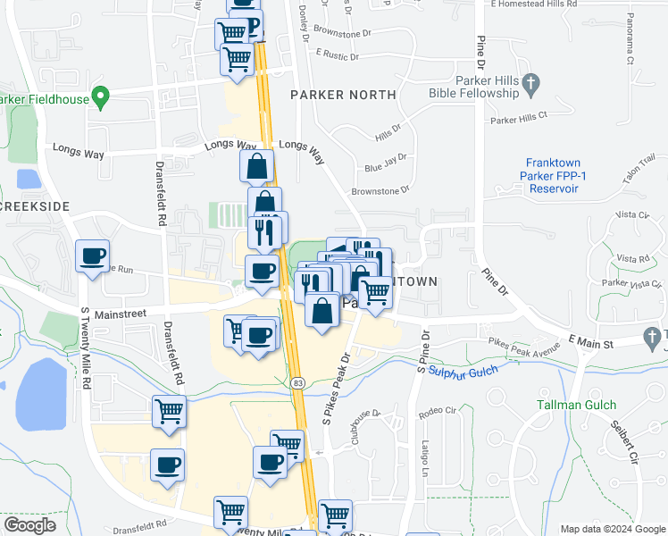 map of restaurants, bars, coffee shops, grocery stores, and more near 10570 Victorian Drive in Parker