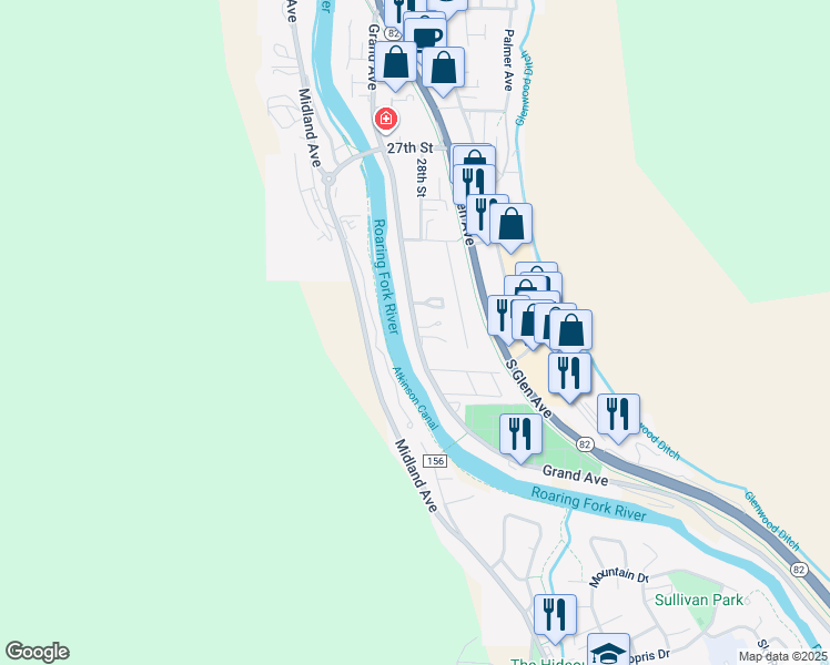 map of restaurants, bars, coffee shops, grocery stores, and more near 3030 Grand Avenue in Glenwood Springs
