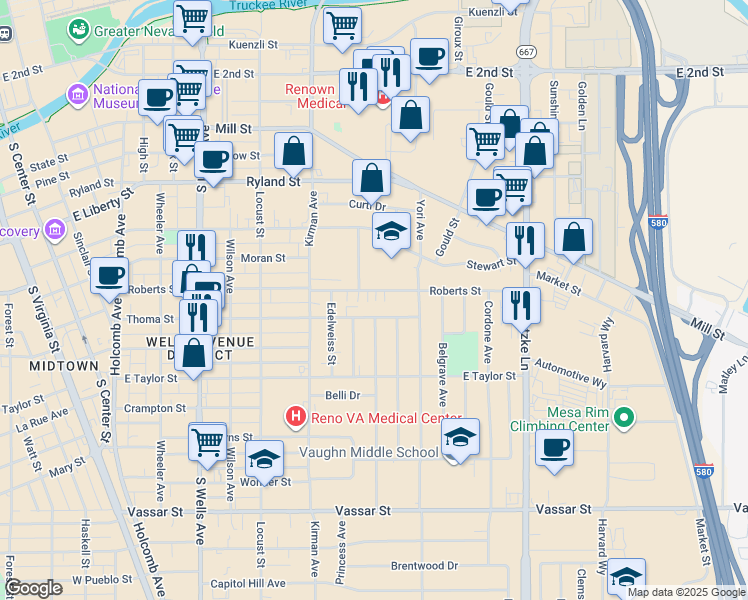 map of restaurants, bars, coffee shops, grocery stores, and more near 570 Ballentyne Way in Reno