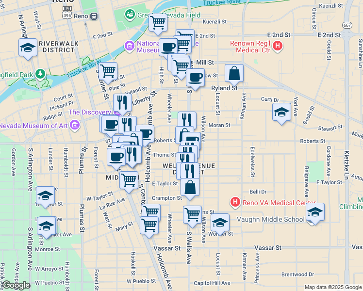 map of restaurants, bars, coffee shops, grocery stores, and more near 451 Roberts Street in Reno