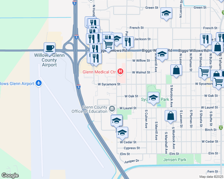 map of restaurants, bars, coffee shops, grocery stores, and more near 103 North Villa Avenue in Willows