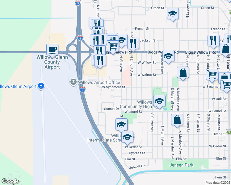 map of restaurants, bars, coffee shops, grocery stores, and more near 103 North Villa Avenue in Willows