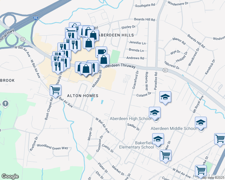 map of restaurants, bars, coffee shops, grocery stores, and more near 650 McHenry Road in Aberdeen