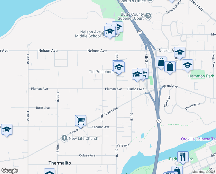 map of restaurants, bars, coffee shops, grocery stores, and more near 652 Plumas Avenue in Oroville