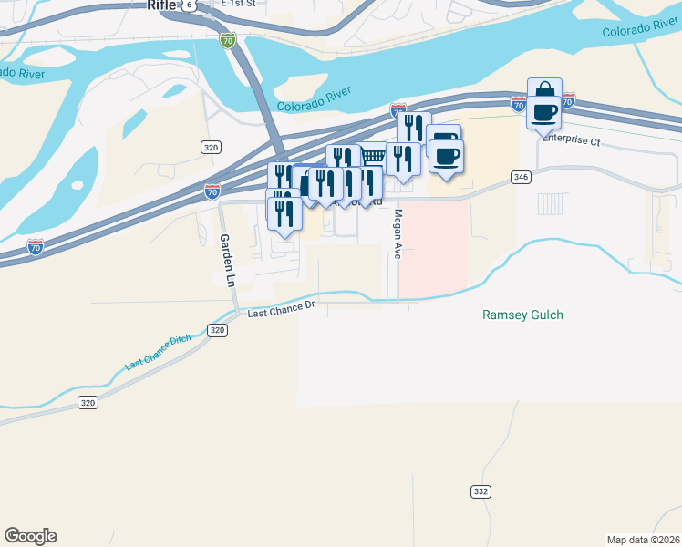 map of restaurants, bars, coffee shops, grocery stores, and more near 769 Smith Street in Rifle
