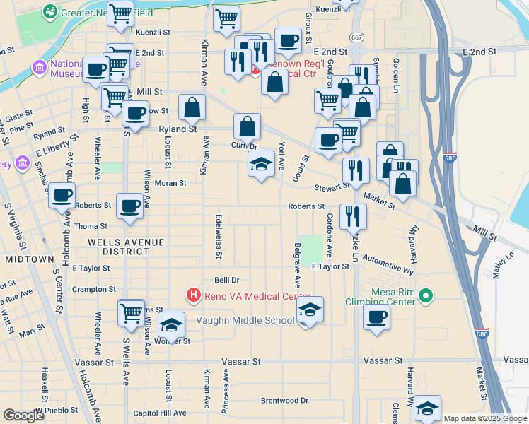 map of restaurants, bars, coffee shops, grocery stores, and more near 1030 Roberts Street in Reno