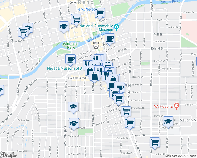 map of restaurants, bars, coffee shops, grocery stores, and more near 449 South Virginia Street in Reno