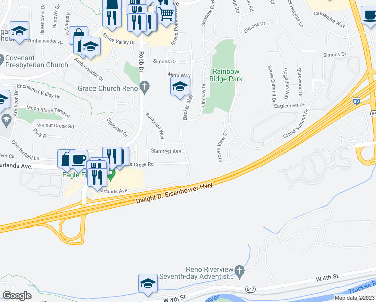 map of restaurants, bars, coffee shops, grocery stores, and more near 1080 Backer Way in Reno