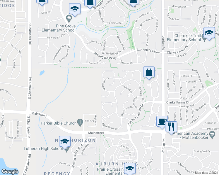map of restaurants, bars, coffee shops, grocery stores, and more near 16170 Martingale Drive in Parker