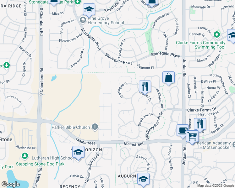map of restaurants, bars, coffee shops, grocery stores, and more near 16141 Martingale Drive in Parker