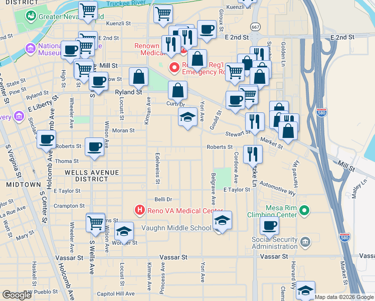 map of restaurants, bars, coffee shops, grocery stores, and more near 1450 Stewart Street in Reno